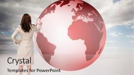  Presentation with red planet - PPT layouts with 3d world map - businesswoman drawing on a red background and a lemonade colored foreground