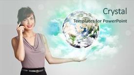  Presentation with earth - PPT theme consisting of 3d world map - young business woman with earth background and a  colored foreground