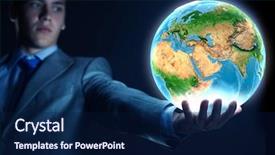  Presentation with earth - Beautiful PPT theme featuring 3d world map - young businessman holding earth planet backdrop and a navy blue colored foreground