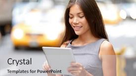  Presentation with new york - PPT theme having 3g 4g - tablet computer businesswoman in new background and a light gray colored foreground