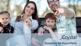  Presentation with family - Colorful slide set enhanced with 4 directions - close up happy family pointing backdrop and a light blue colored foreground
