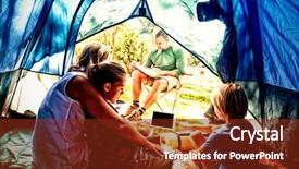  Presentation with campsite - PPT theme with 4 directions - kids and mother using tablet background and a tawny brown colored foreground