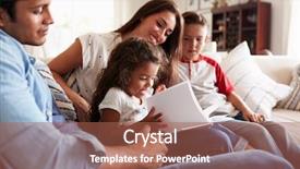  Presentation with family reading - Beautiful PPT layouts featuring 4 parts - young hispanic family of four backdrop and a coral colored foreground