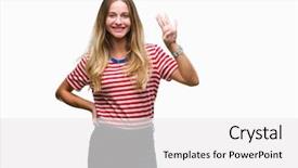  Presentation with over come challanges - Theme enhanced with 4 points - young beautiful blonde woman background and a  colored foreground