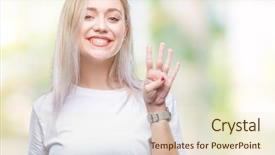  Presentation with woman praying over bible - Slides featuring 4 points - young blonde woman over isolated background and a cream colored foreground