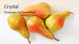  Presentation with ripe golden potato on white - Slide deck enhanced with 4 raw - four ripe pears on white background and a yellow colored foreground