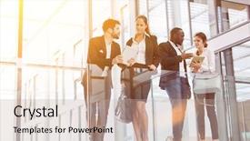  Presentation with team people hugging - Audience pleasing presentation design consisting of 4 teams - four business people backdrop and a coral colored foreground