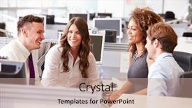  Presentation with team meeting - Presentation theme consisting of 4 teams - four young office colleagues background and a coral colored foreground