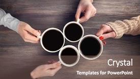  Presentation with friends eating and drinking wine - Theme having 4 teams - friends drinking coffee on wooden background and a violet colored foreground