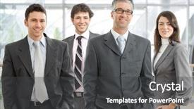  Presentation with team group - Cool new PPT theme with 4 teams - group of four happy business backdrop and a dark gray colored foreground