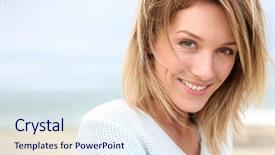  Presentation with year transfer - Presentation design consisting of 40-year-old blond woman background and a sky blue colored foreground