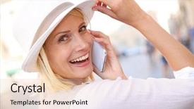  Presentation with talking on phone - Amazing presentation design having 40 years - beautiful blond woman with hat backdrop and a lemonade colored foreground