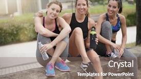  Presentation with girls running - Colorful PPT theme enhanced with 40 years - group of athletic girls talking backdrop and a violet colored foreground