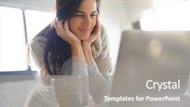  Presentation with internet of things home automation - Presentation with 40 years - middle-aged woman connected on internet background and a gray colored foreground