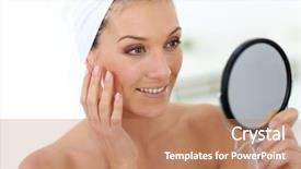  Presentation with middle ages portrait - PPT layouts featuring 40 years - middle-aged woman in bathroom looking background and a coral colored foreground