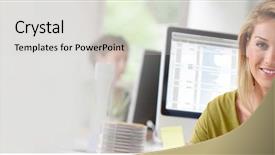  Presentation with office - Theme featuring 40 years - portrait of smiling businesswoman background and a light gray colored foreground