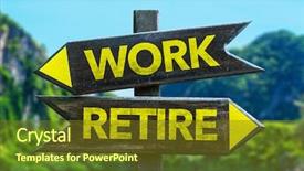  Presentation with beach - Audience pleasing presentation consisting of 401k - work - retire signpost backdrop and a tawny brown colored foreground