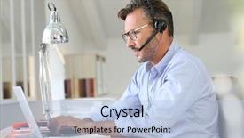  Presentation with brain waves mobile 2 headset - Cool new slides with 45 years service - businessman teleworking headset backdrop and a light blue colored foreground