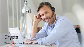  Presentation with brain waves mobile 2 headset - Colorful PPT theme enhanced with 45 years service - businessman teleworking headset backdrop and a  colored foreground