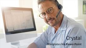  Presentation with energy efficient home - Slides with 45 years service - businessman working from home telework background and a light blue colored foreground