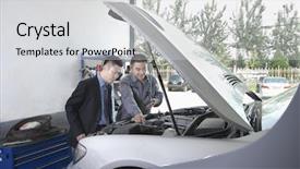  Presentation with mechanic - Colorful PPT theme enhanced with 45 years service - garage mechanic explaining to customer backdrop and a light gray colored foreground