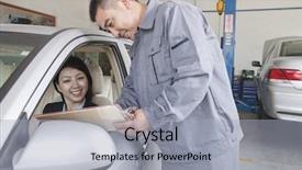  Presentation with mechanic inspection tablet - Beautiful slide deck featuring 45 years service - mechanic explaining to businesswoman backdrop and a  colored foreground