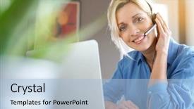  Presentation with pink home office - Colorful slides enhanced with 45 years service - sales representative woman working backdrop and a  colored foreground