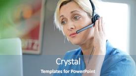  Presentation with home office - Slide deck with 45 years service - sales representative woman working background and a teal colored foreground