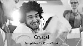  Presentation with brain waves mobile 2 headset - Slide deck enhanced with 45 years service - smiling young businessman wearing headset background and a light gray colored foreground