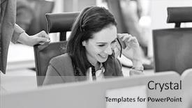  Presentation with medical procedure simulation using plasma - Colorful slides enhanced with 45 years service - smiling young businesswoman using headset backdrop and a light gray colored foreground