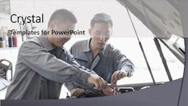  Presentation with mechanics - Beautiful PPT layouts featuring 45 years service - two garage mechanics working backdrop and a light gray colored foreground
