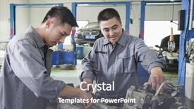  Presentation with mechanics - Beautiful PPT layouts featuring 45 years service - two mechanics working on car backdrop and a gray colored foreground