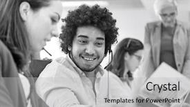  Presentation with discussing parents - Beautiful PPT theme featuring 45 years service - young businessman discussing with businesswoman backdrop and a  colored foreground