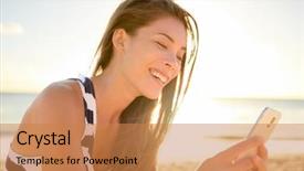  Presentation with sunset beach - Colorful slide deck enhanced with 4g - mixed race pretty smiling young backdrop and a coral colored foreground