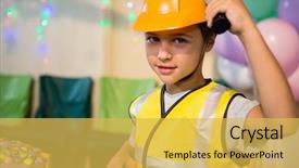  Presentation with birthday boy - Audience pleasing PPT theme consisting of 5 anniversary - boy pretending as a worker backdrop and a yellow colored foreground