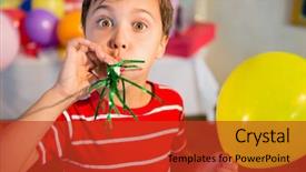  Presentation with birthday boy - Slide set featuring 5 anniversary - cute boy blowing party horn background and a red colored foreground