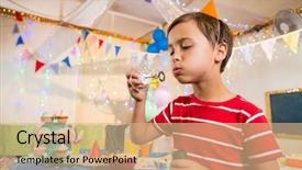  Presentation with birthday boy - Amazing PPT theme having 5 anniversary - cute boy playing with bubble backdrop and a  colored foreground
