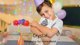  Presentation with birthday boy - Audience pleasing presentation design consisting of 5 anniversary - portrait of boy embracing gift backdrop and a  colored foreground