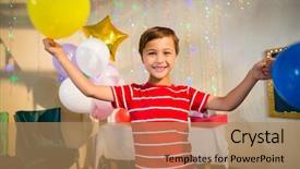  Presentation with birthday boy - PPT theme having 5 anniversary - portrait of happy boy holding background and a coral colored foreground