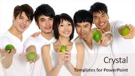  Presentation with hands holding - Amazing presentation theme having 5 champion - five asian young men holding backdrop and a lemonade colored foreground