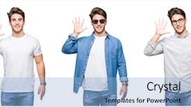  Presentation with young man on the phone - Presentation design having 5 point - collage of young handsome man background and a  colored foreground