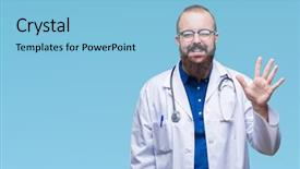  Presentation with medical smiling doctor - Cool new theme with 5 point - young caucasian doctor man wearing backdrop and a  colored foreground