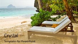  Presentation with beds - Audience pleasing theme consisting of 5 stars - luxury beach beds in shade backdrop and a yellow colored foreground