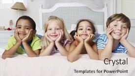  Presentation with children playing - Audience pleasing slide set consisting of 5 year - four children playing on bed backdrop and a coral colored foreground