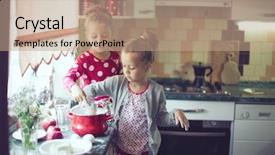  Presentation with old photo - Presentation theme having 5 years old twins cooking background and a coral colored foreground