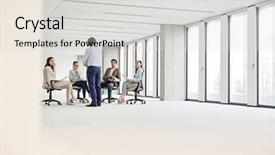  Presentation with office chair - Slide deck featuring 5 years plan - mature businessman having discussion background and a  colored foreground