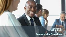  Presentation with worried young female college student - Cool new slides with 5 years plan - smiling young businessman discussing backdrop and a  colored foreground