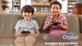  Presentation with war video game - Audience pleasing PPT theme consisting of 5 years plan - two boys sitting on sofa backdrop and a coral colored foreground