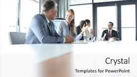  Presentation with meeting - Slide deck with 5 years plan - young businesswoman talking with male background and a light gray colored foreground