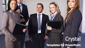  Presentation with females - Presentation theme enhanced with group of 5 young business people 3 females and 2 males all in business suits background and a wine colored foreground